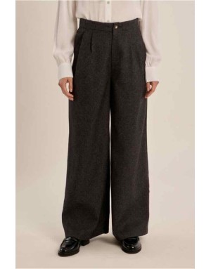 Pantalon noir chiné à taille haute élastiquée et larges plis devant — Référence : P1911EN