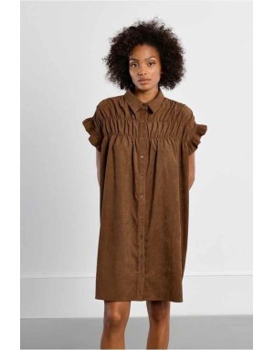 Robe chemise ample en velours marron finement côtelé - Référence : LAL154EN