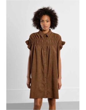 Robe chemise ample en velours marron finement côtelé - Référence : LAL154EN
