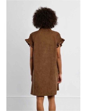 Robe chemise ample en velours marron finement côtelé - Référence : LAL154EN