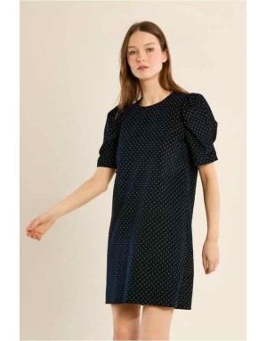 Robe courte en velours très finement côtelé bleu nuit, imprimé pois, manches gigot — Référence : P1548EN