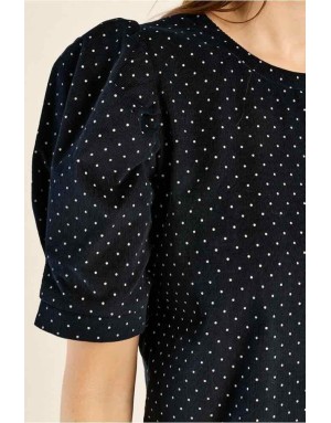 Robe courte en velours très finement côtelé bleu nuit, imprimé pois, manches gigot — Référence : P1548EN