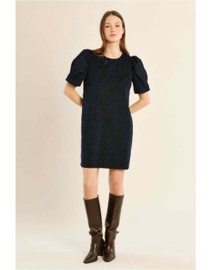 Robe courte en velours très finement côtelé bleu nuit, imprimé pois, manches gigot — Référence : P1548EN