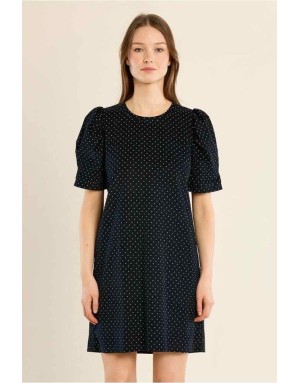 Robe courte en velours très finement côtelé bleu nuit, imprimé pois, manches gigot — Référence : P1548EN