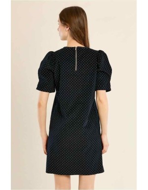 Robe courte en velours très finement côtelé bleu nuit, imprimé pois, manches gigot — Référence : P1548EN