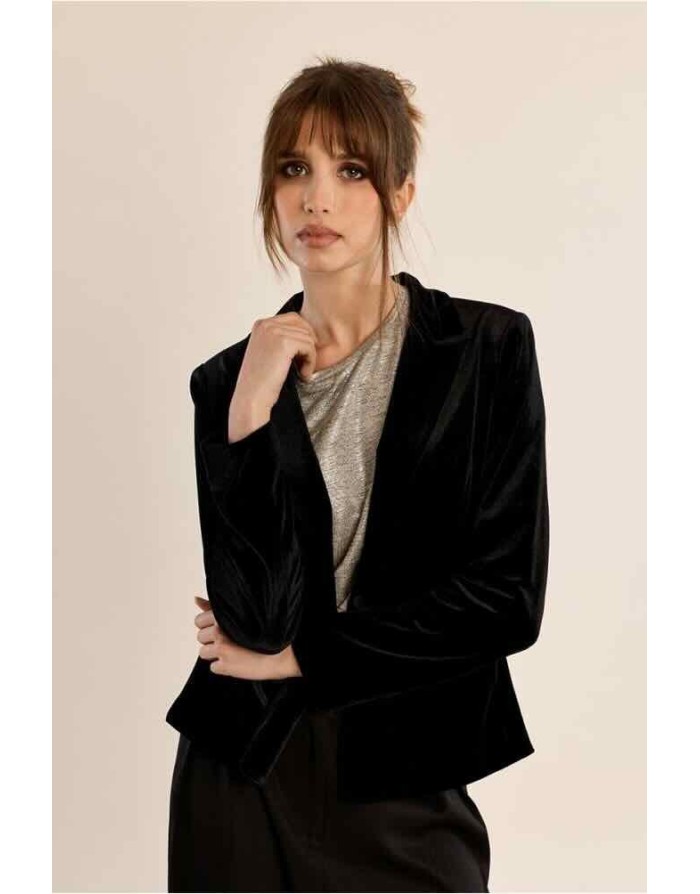 Blazer en velours ras noir, col tailleur. Référence : T1147CEH