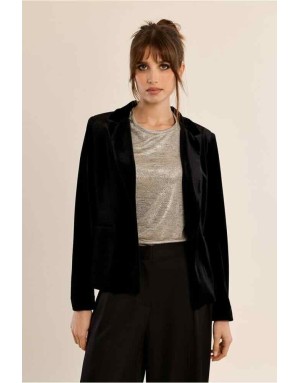Blazer en velours ras noir, col tailleur. Référence : T1147CEH