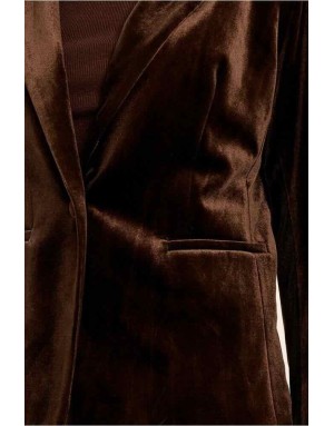 Blazer ajusté en velours ras chocolat, au col tailleur et à la fermeture d'un seul bouton - Référence : T1147CEH