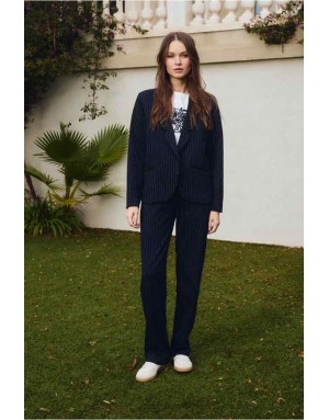 Pantalon tailleur droit bleu marine, finement rayé de fils métallisés — Référence : T2289BEN