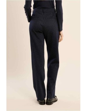 Pantalon tailleur droit bleu marine, finement rayé de fils métallisés — Référence : T2289BEN