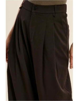 Pantalon large chocolat chiné à multi-plis sur le devant et taille haute élastiquée - Référence : TF128EH