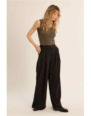 Pantalon large chocolat chiné à multi-plis sur le devant et taille haute élastiquée - Référence : TF128EH