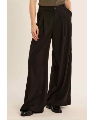 Pantalon large chocolat chiné à multi-plis sur le devant et taille haute élastiquée - Référence : TF128EH