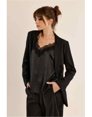 Blazer noir ajusté, col tailleur à strass — Référence : T12303EH