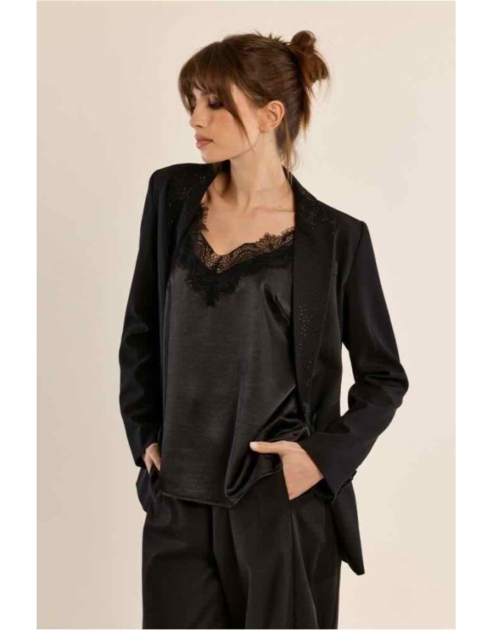 Blazer noir ajusté, col tailleur à strass — Référence : T12303EH