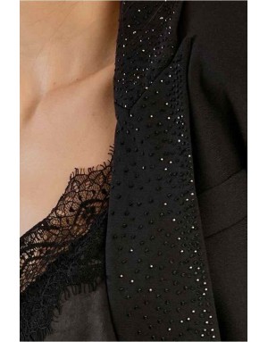 Blazer noir ajusté, col tailleur à strass — Référence : T12303EH