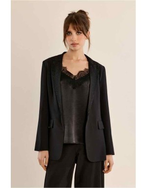 Blazer noir ajusté, col tailleur à strass — Référence : T12303EH